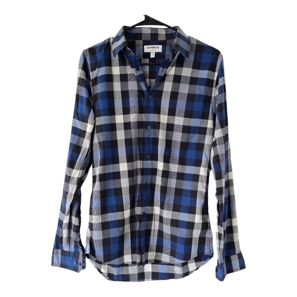 Express Plaid Shirt Mens Sz S Blue Black White Long Sleeve Button Up Academia - Picture 1 of 11